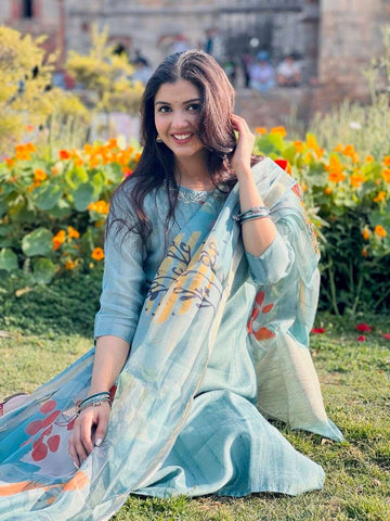 Sparkling Blue Cotton Silk Ready to Wear Silk Kurti Set